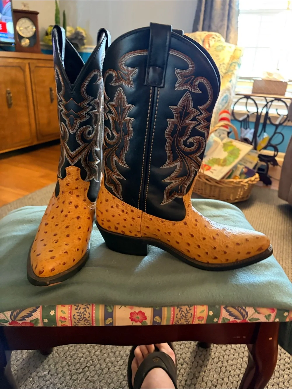 Western Ostrich-Print Leather Cowboy Boots in Tan & Black